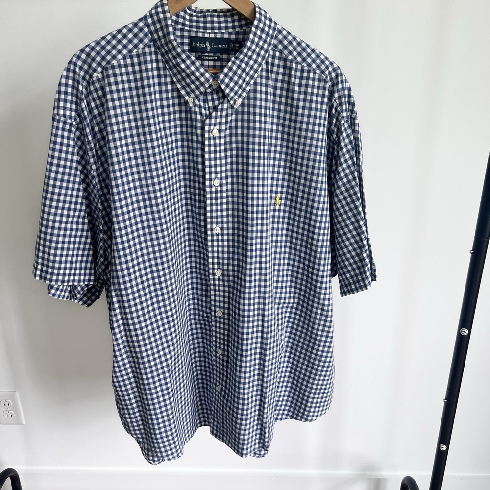 Polo Ralph Lauren Shirt Mens 3XB Big Plaid Blue Short Sleeve Button